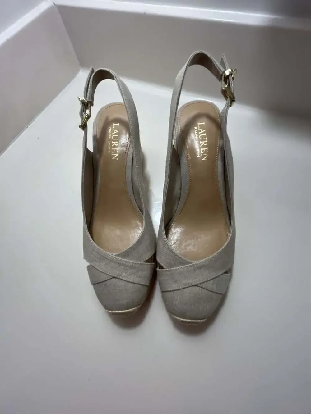 Lauren Ralph Lauren Beige Linen Slingback Wedge Espadrille Sandals